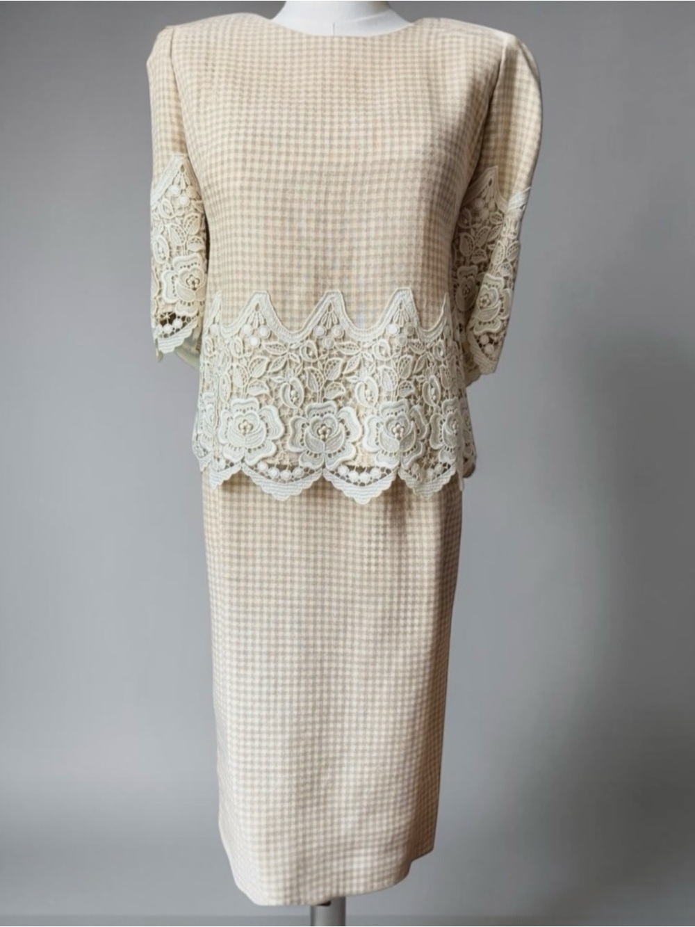 Gingham Lace Outfit Set 2 Pc Beige Skirt Suit Womens 12 14 Vintage Pearson